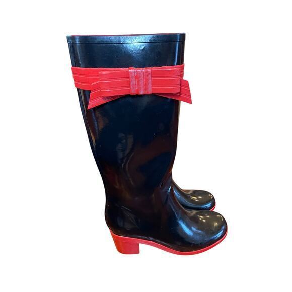 Kate Spade Women 9 Randi Black and Red Bow Heel Rain Boots Shiny Black Rain Boot - Picture 4 of 16
